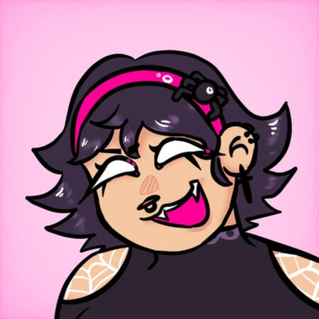 icon of nellie - a young fem looking person with short, dark, spiky hair and white eyes. she's wearing a plastic headband with a fake spider charm on one side, and she has peircings.